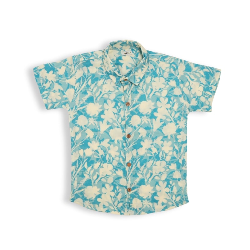 Boys Printed Half Sleeve Cotton Bamboo Shirt with OffWhite Pants