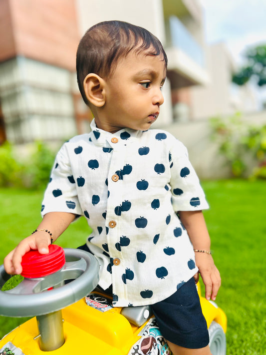 Boys Half Sleeves Apple Print Shirt with Navy Pant