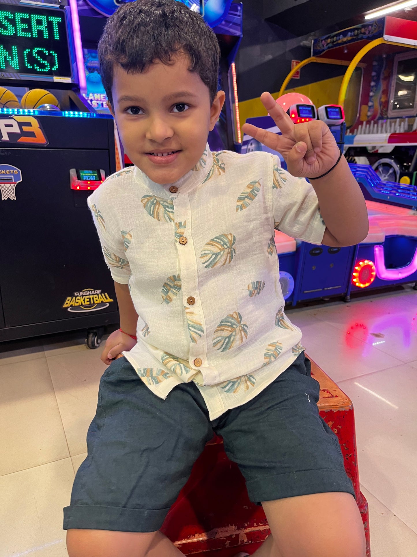 Boys Half Sleeves Leafy Shirt with Olive Pants