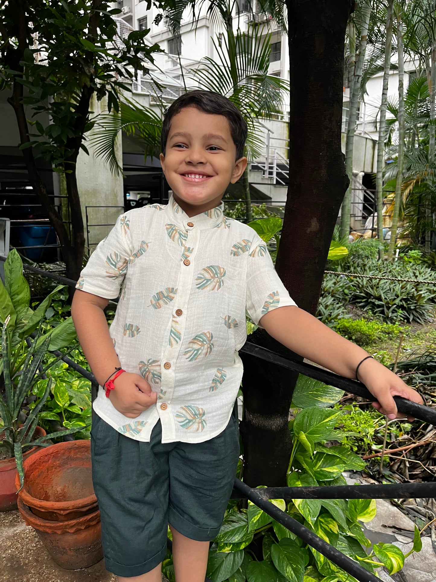 Boys Half Sleeves Leafy Shirt with Olive Pants