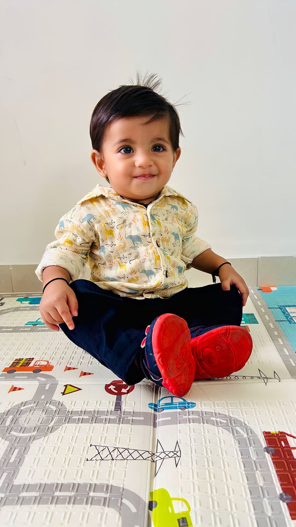 Boys Animal Print Full Sleeve Organic Cotton Shirt with Navy Pants