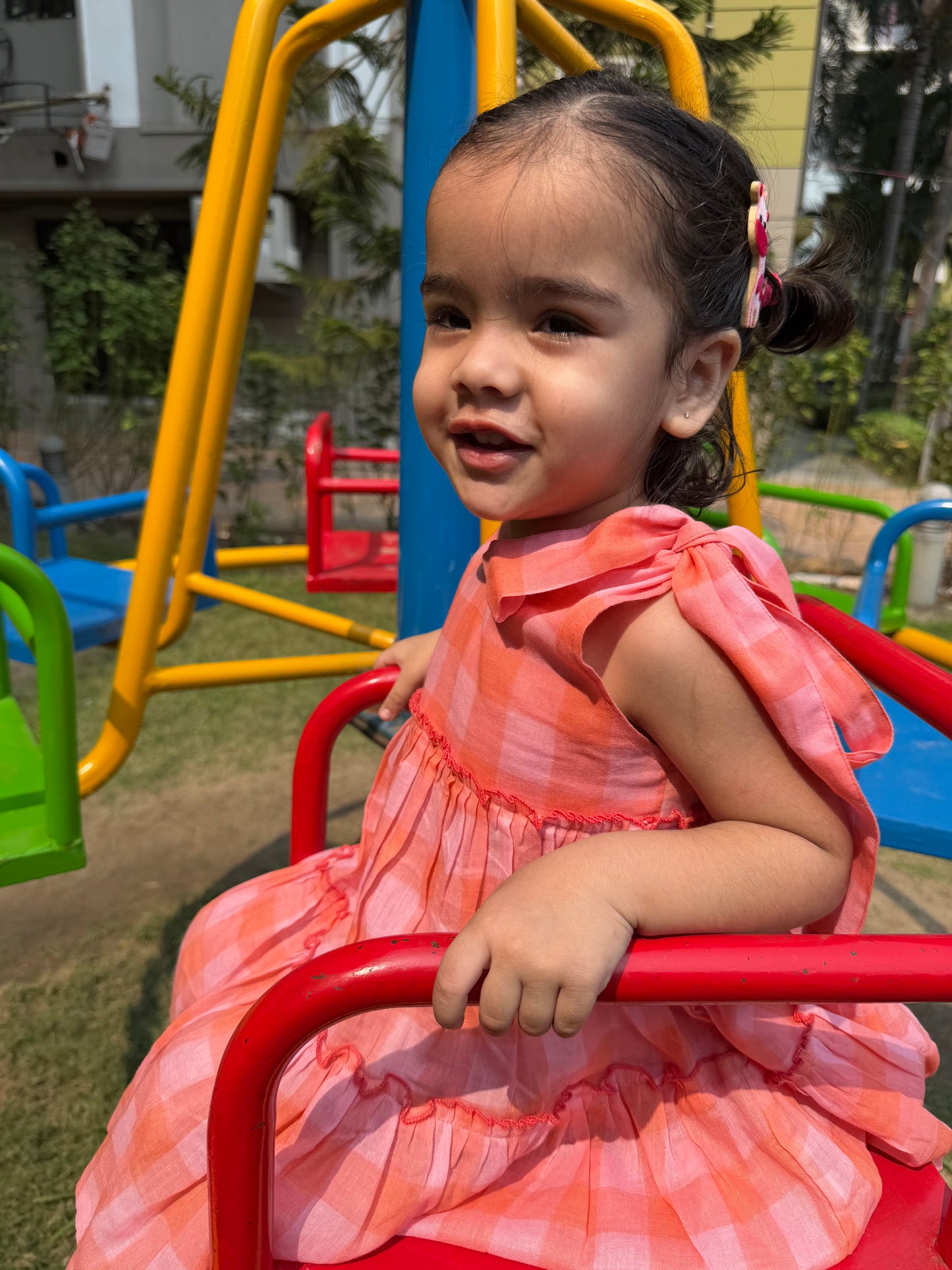Peach Checkered Muslin Dress