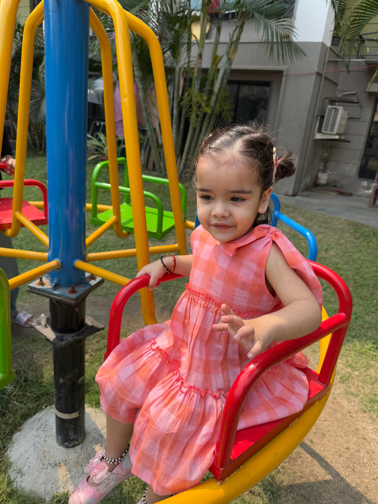 Peach Checkered Muslin Dress