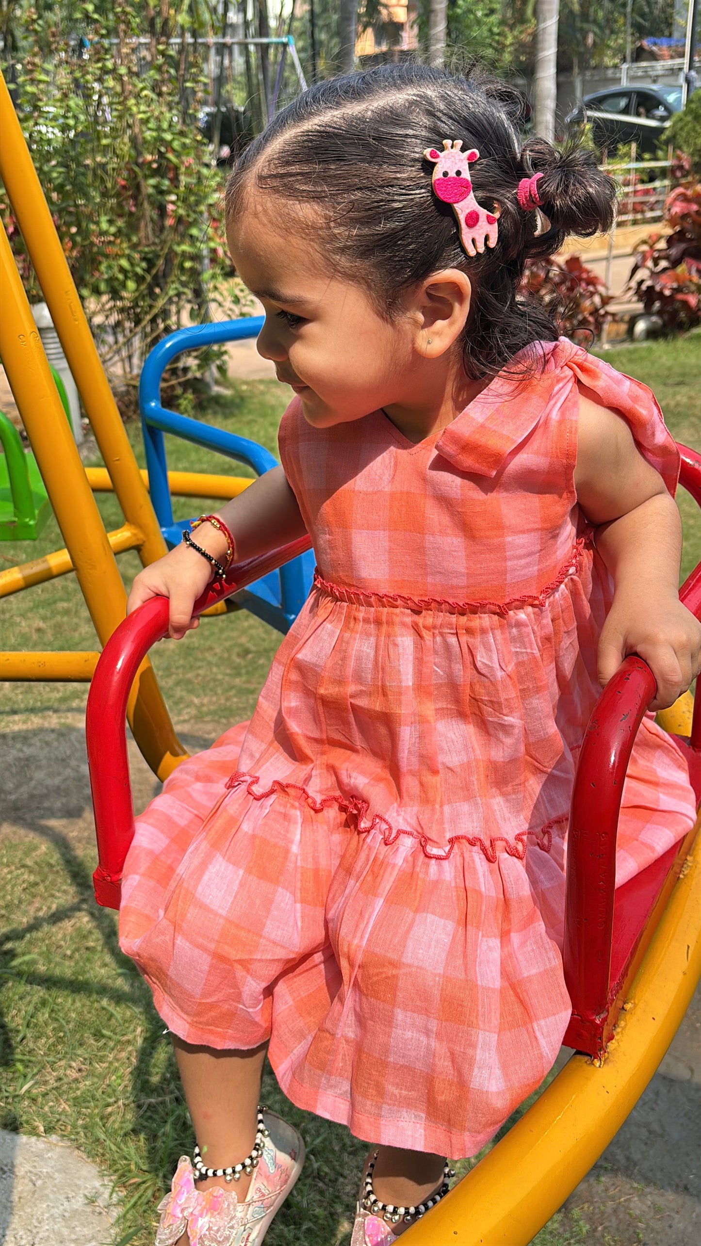 Peach Checkered Muslin Dress