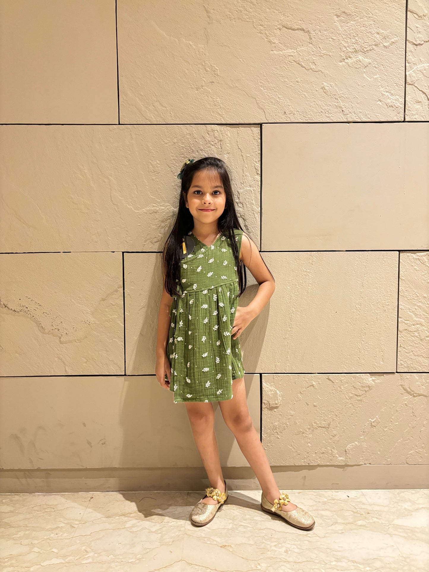 Girls Leaf Embrodiery Wrapper Dress