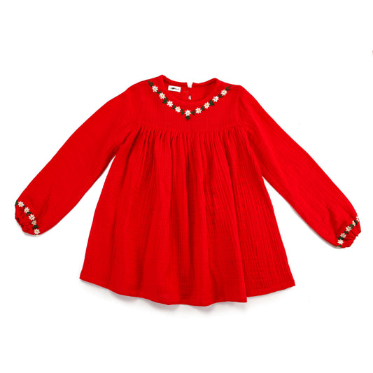 Scarlet Bloom with Neckline Embroidery