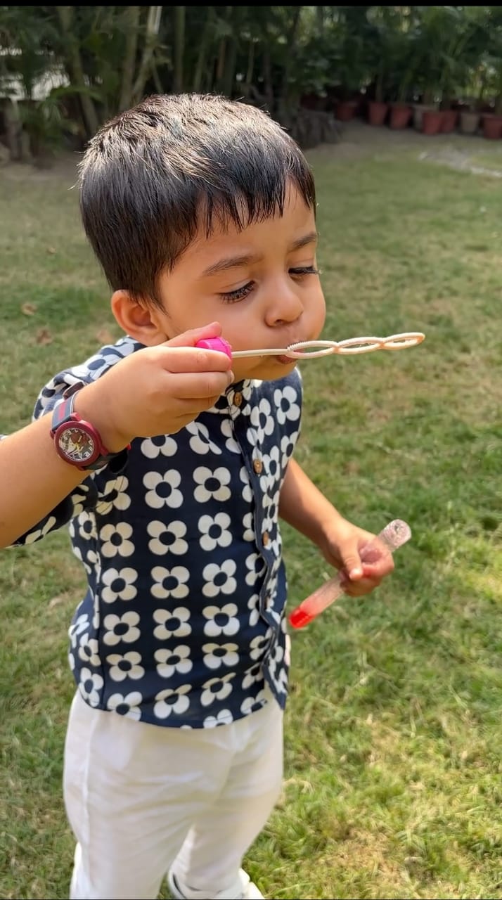 Boys Navy Floral Organic Cotton Shirt & White Comfort Pant