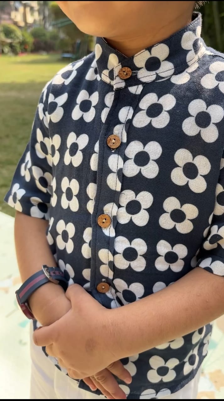 Boys Navy Floral Organic Cotton Shirt & White Comfort Pant