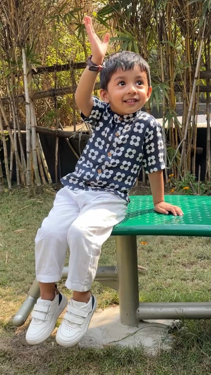 Boys Navy Floral Organic Cotton Shirt & White Comfort Pant