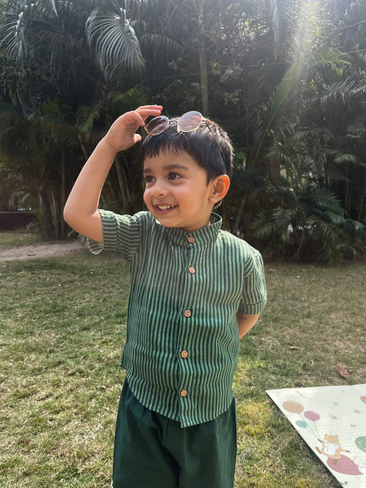Boys Olive Stripes Charm Shirt with Olive Pants