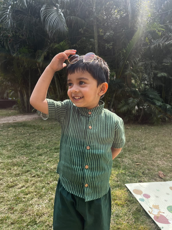 Boys Olive Stripes Charm Shirt with Olive Pants